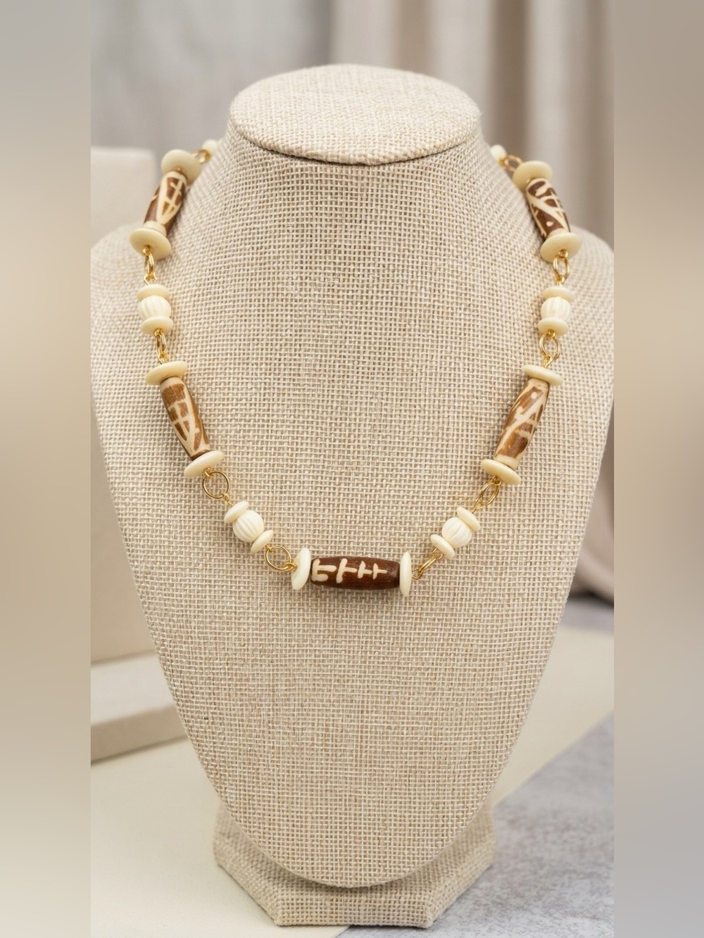Handcrafted Cream and Brown Carved Bone Bead Necklace and Earrings